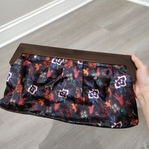 Aldo Wood handle satin floral hummingbird clutch